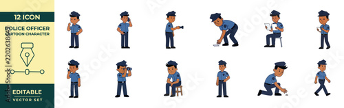 Police officer cartoon character set performing 12 common actions in editable vector format