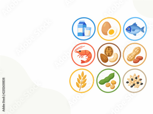 Food allergen icon set showing nine common allergy ingredients with simple circular symbols for menu labeling package warnings restaurant notices dietary guidance and consumer safety information