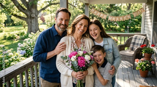Smiling Family Gathering on Porch with Bouquet in Hand