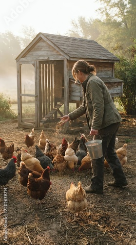 Farmer Woman Feeding Chickens in Rustic Coop at Dawn