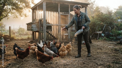 Weathered Farmer Feeding Roosters in Rustic Outdoor Farmyard