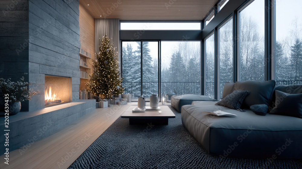 Fototapeta premium Cozy winter living room with modern fireplace, large windows, Christmas tree, soft sofa, and snowy forest view