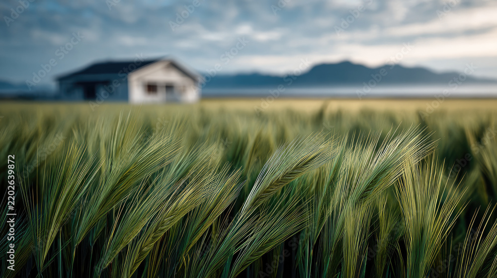 Obraz premium Golden hour open field with green barley, rustic house, mountain background, peaceful rural landscape