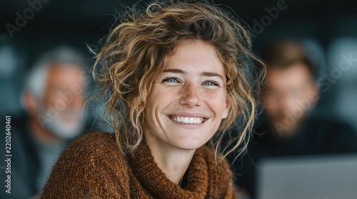 A smiling woman with curly hair looking ahead, two blurred figures in the background