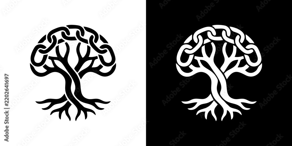 Fototapeta premium Intricate symbolic tree design with interwoven branches and roots, embodying strength, unity, and continuous growth. Versatile monochrome logo perfect for conceptual branding