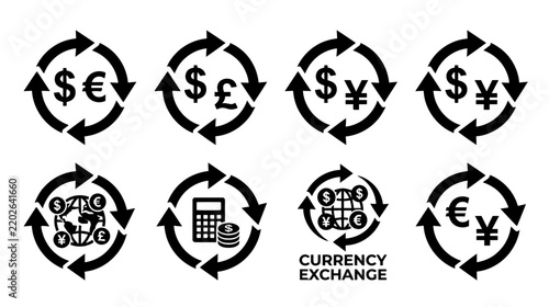 Currency Exchange Icons Isolated on Transparent Background - Finance & Banking
