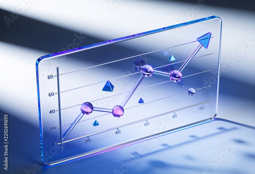 Glass line chart showing upward financial growth trend in abstract blue digital environment reflective 3D render
