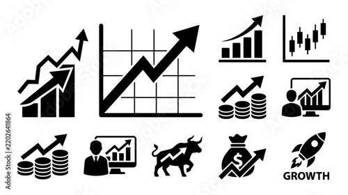 Financial Growth Icons: Charts, Stocks, Bull, Rocket, Money Bag