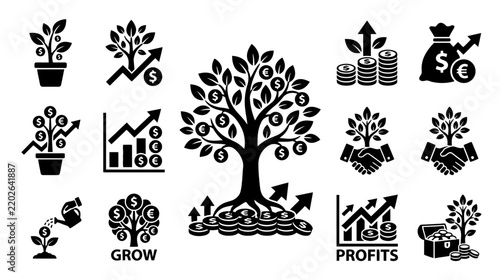 Financial Growth Icons: Money Tree, Coins, Charts, Investments, and Savings
