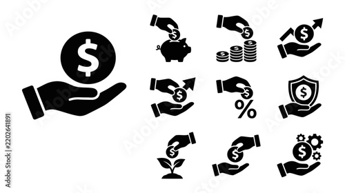 Financial Growth Icons: Hand with Coin, Piggy Bank, Growing Plant, Shield