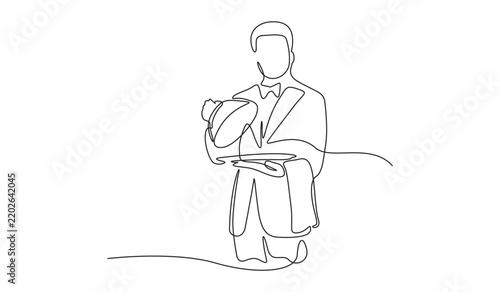 Professional waiter holding cloche food tray continuous line art vector illustration