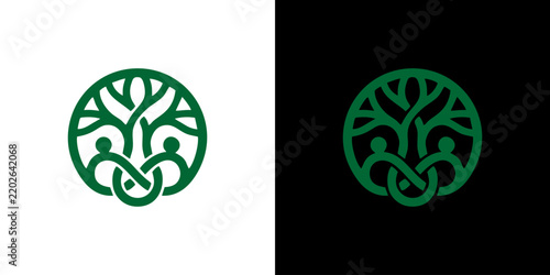 Green circular tree of life logo icon representing unity community and growth with two human figures connected in a knot design