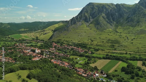 Drone flying over a small village Rimetea Romania
