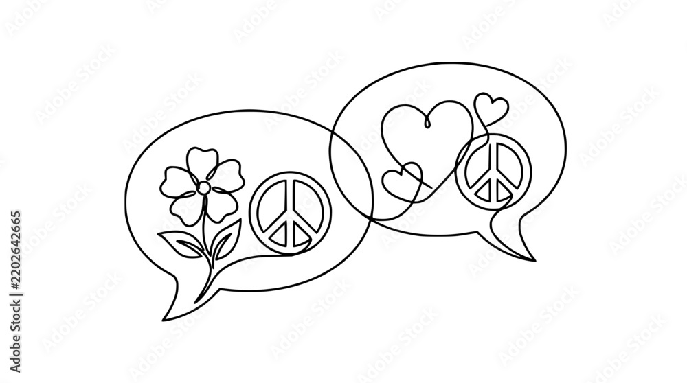 Fototapeta premium Peace symbol, flower, heart in speech bubbles, continuous line art
