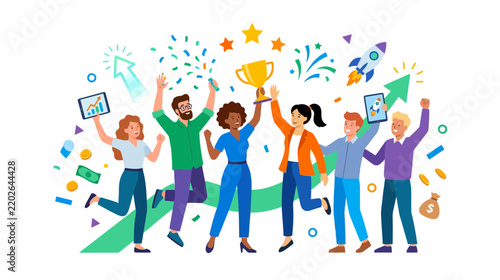 Team celebrating victory with trophy, confetti, and rocket launch