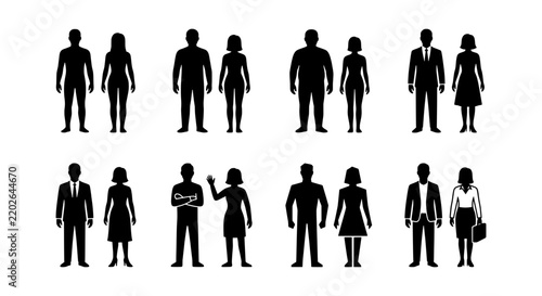 Diverse Human Silhouettes, People Icons Set, Male and Female Figures, Business and Casual Styles