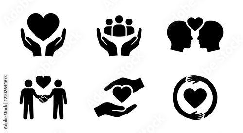Love and Care Icons: Heart, Hands, People, Community, Relationship Symbols