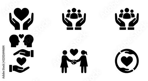 Set of 6 Care Icons, Love Symbols, Community Support, Human Connection, Partnership, Charity