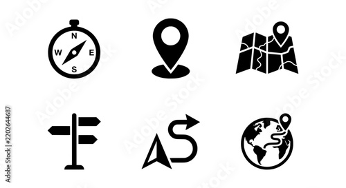 Navigation Icons Set: Compass, Map Pin, Globe, Direction Sign, Route, Map
