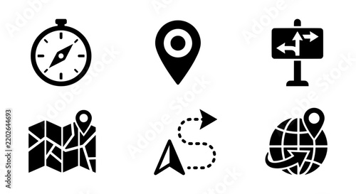 Navigation Icons Set: Compass, Map Pin, Direction Sign, World Map, Route Path, Global Travel