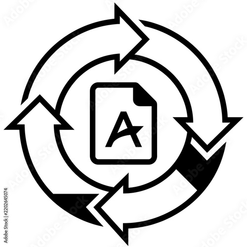 Black and white digital asset lifecycle icon with a document symbol