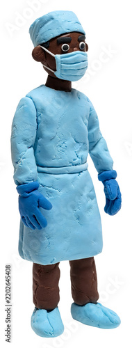 Playdough surgeon character wearing blue scrubs and face mask, isolated on white