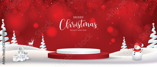Elegant red Christmas background with a luxury white podium, snowman, gifts, pine branches, and festive bokeh, creating a premium holiday celebration scene.