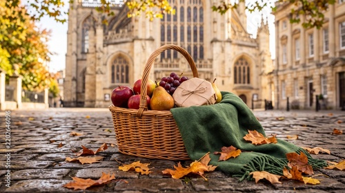 Autumn Picnic Basket with Fresh Fruits and Blanket Outdoors