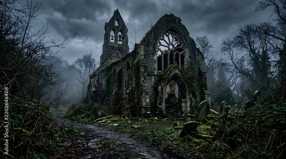 Fototapeta premium Ancient abandoned church ruins in misty forest landscape at dusk