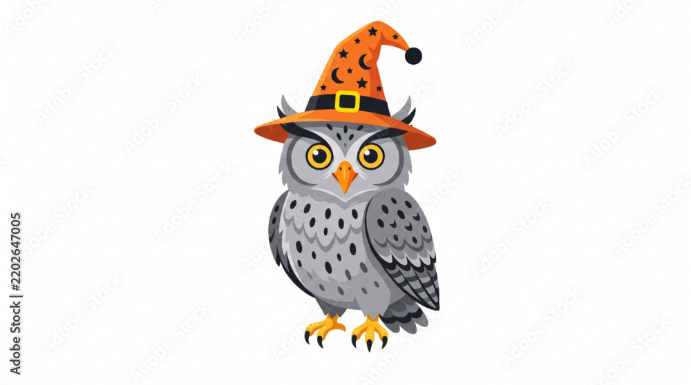 Fototapeta premium Grey cartoon owl wearing a tall orange starry witch hat