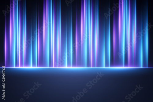 Vertical blue and purple glowing light beams illuminating a dark reflective surface