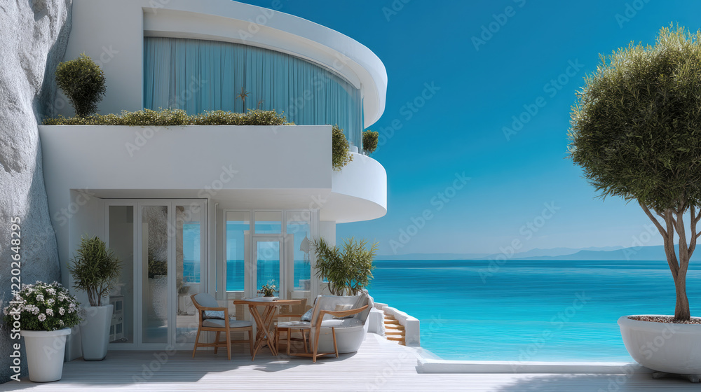 Fototapeta premium Modern luxury villa with ocean view, white terrace, outdoor seating, blue sky, summer, relaxation, Mediterranean style