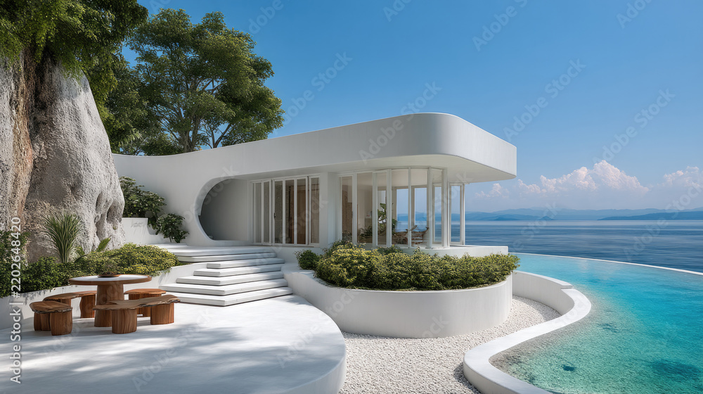 Obraz premium Modern villa, ocean view, white exterior, curved architecture, luxury, outdoor seating, tropical