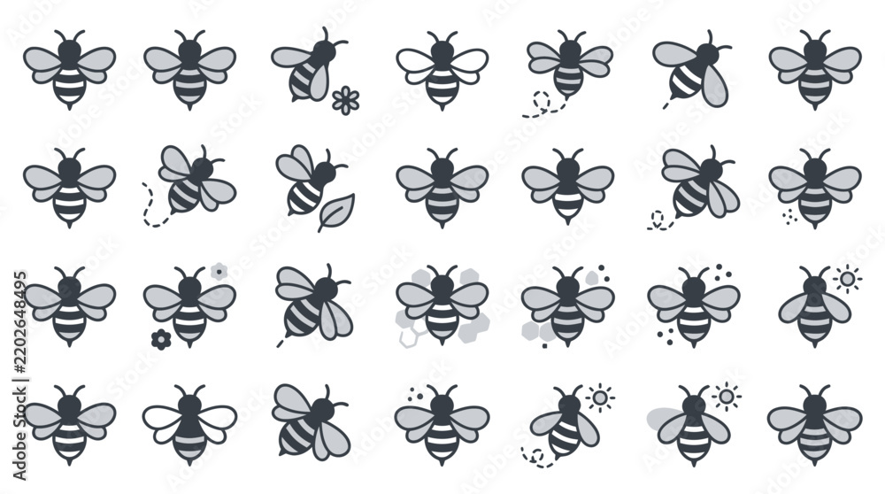 Obraz premium Collection of Stylized Honey Bee Icons and Illustrations Featuring Various Flying Positions and Decorative Floral Elements for Graphic Design