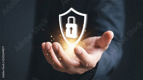 Data security protection with glowing shield and lock icon for digital privacy.

