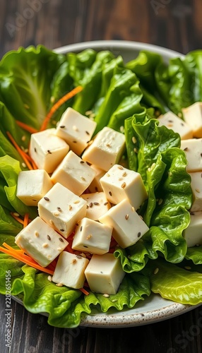 Fresh green salad with white cheese cubes and carrot strips