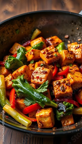 Spicy tofu stir fry with peppers and leafy green vegetables