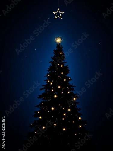 Illuminated Christmas tree with glowing stars on dark blue background