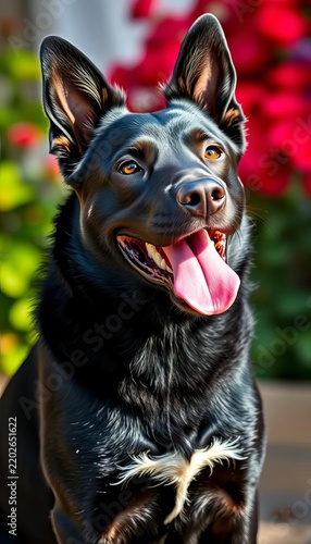 Happy black dog portrait with tongue out in colorful garden