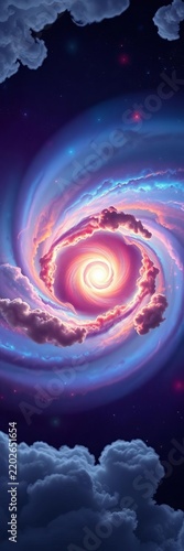 Colorful cosmic vortex swirling among clouds and stars
