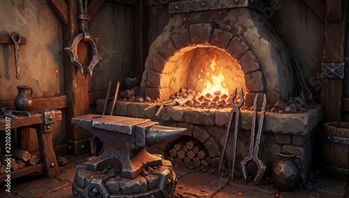 Old-fashioned blacksmith's workshop large brick fireplace center made stone has fire burning inside left side