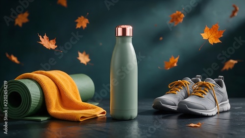 Sage green reusable metal water bottle placed between rolled yoga mat and gray athletic sneakers surrounded by floating autumn maple leaves on dark textured surface background