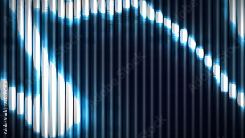 Abstract background with glowing blue light waves moving across a dark metallic corrugated surface, creating a dynamic and modern technological effect