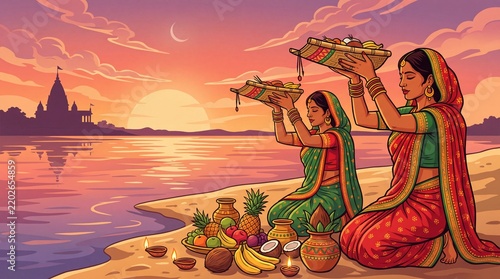 Chhath Puja celebration by the river at sunset with offerings festival India