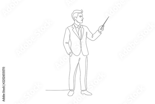 Male teacher using pointer in continuous line drawing style.