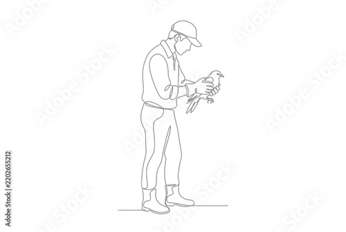 Line art drawing of man holding a small bird.