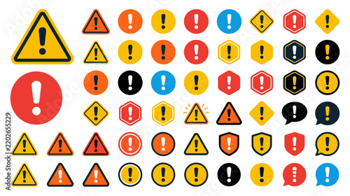 Collection of Warning Signs, Exclamation Marks, and Alert Icons