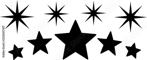 Assorted black star shapes and sparkling star icons isolated on a plain white background, for layout