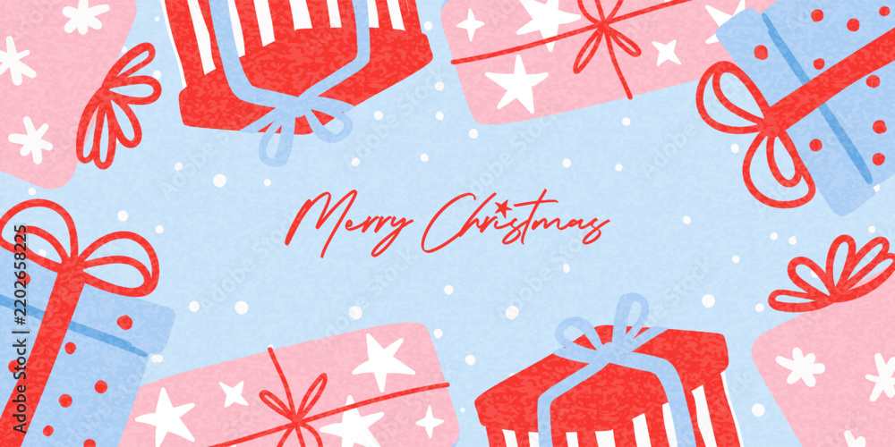 Fototapeta premium Modern Christmas card with hand-drawn festive illustration, featuring a frame made of Christmas gifts against a snowy background in a playful contemporary style. Cheerful holiday design template.