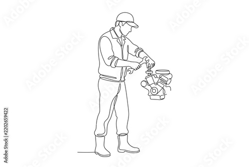 Mechanic repairing engine motor in continuous line art style.